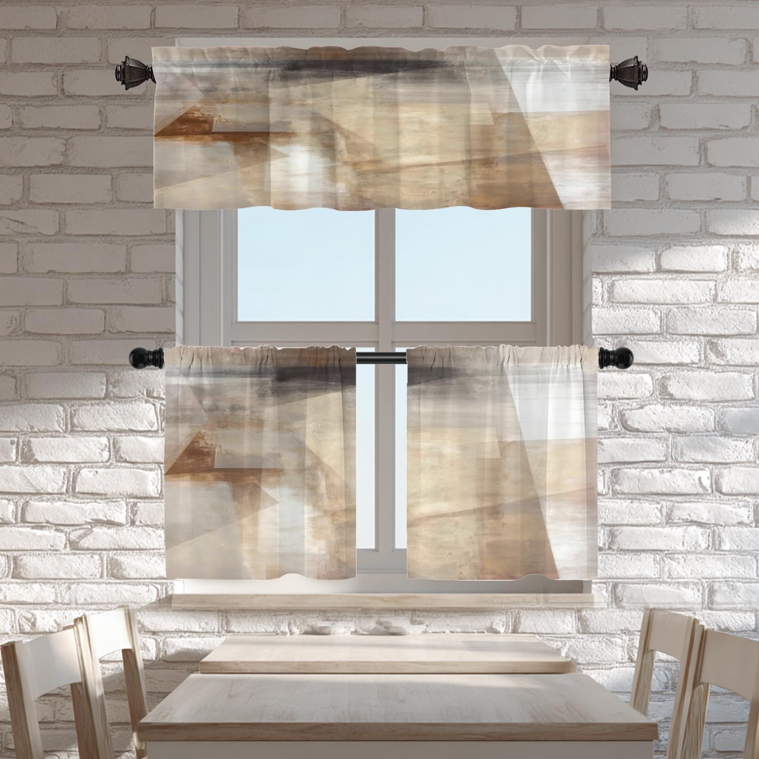 Batmerry Brown Abstract Art Valance Curtains, Beige Painting Window Treatment Kitchen Valances Multilayer Polyester Blackout for Living Room/Bathroom, 2 Pack 52x16 inches