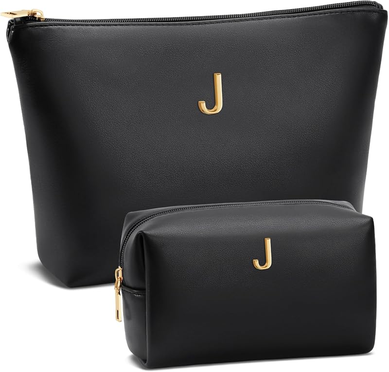CLOUDWINGS Kit com 2 necessaires de maquiagem retangulares pretas com zíper e inicial metálica