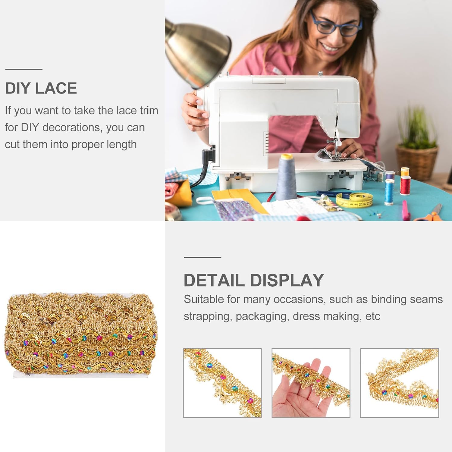 YARNOW Sturdy Ethnic Style Clothing Trim Lace Ribbon Metallic Yarn in Golden Color, Featuring Nice Texture and Not Easy to Break, for Bag Strap or Party Accessories