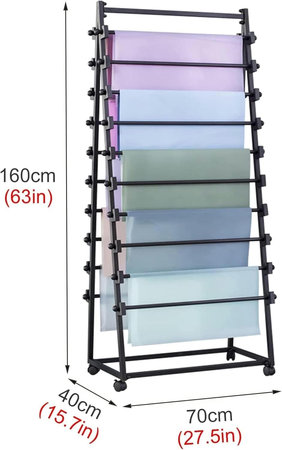 Craft Room Organiser Display Display Stand Double-Sided Scarf/Wrapping Paper Storage Organzier Rack with Wheels, Metal Freestanding Ribbon Display Stand Shelf with Movable Crossbar