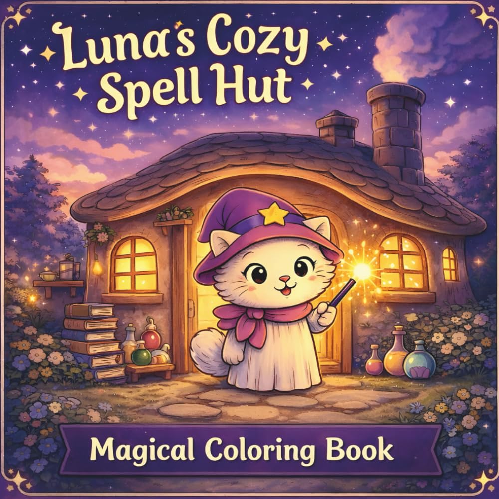 Luna's Cozy Spell Hut: Magical Cat Coloring Book for Children