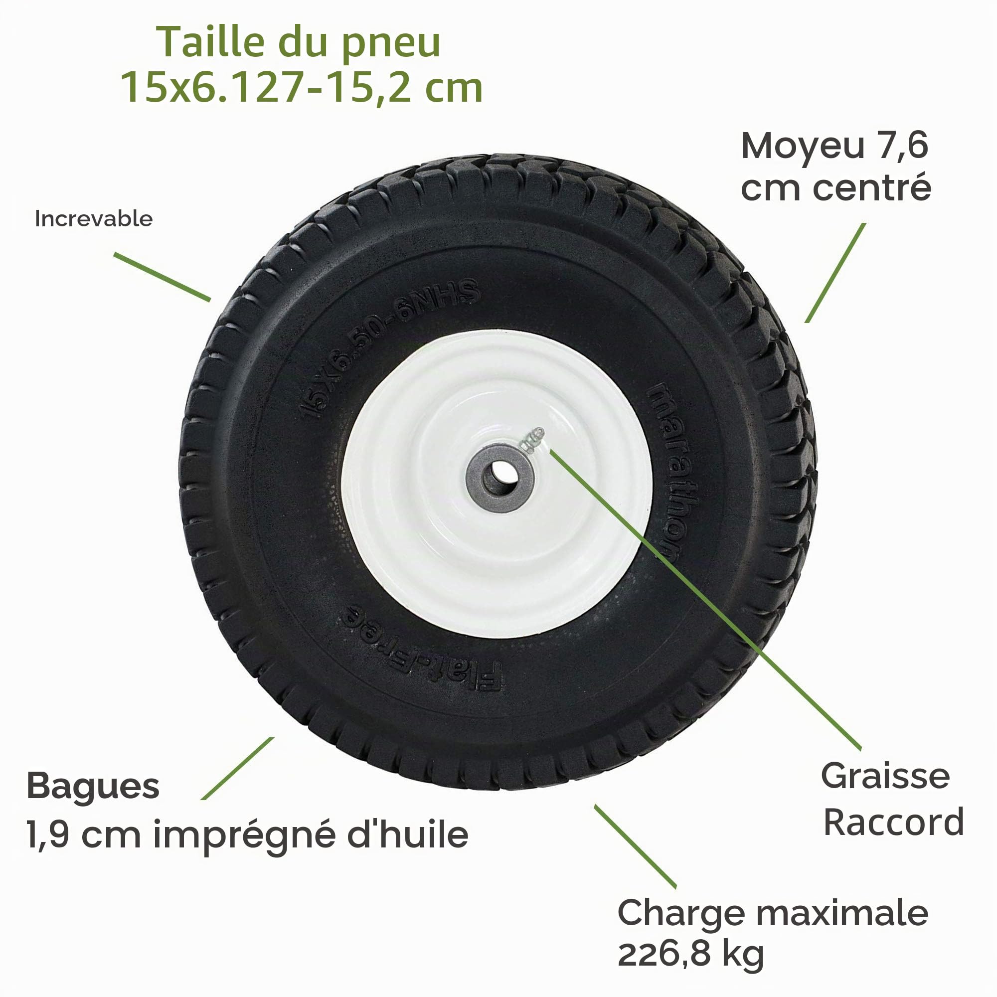 Marathon 15 x 6,5–15,2 cm support gratuit Pneu sur Roulements de roue, 7,6 cm hub, 3/10,2 cm