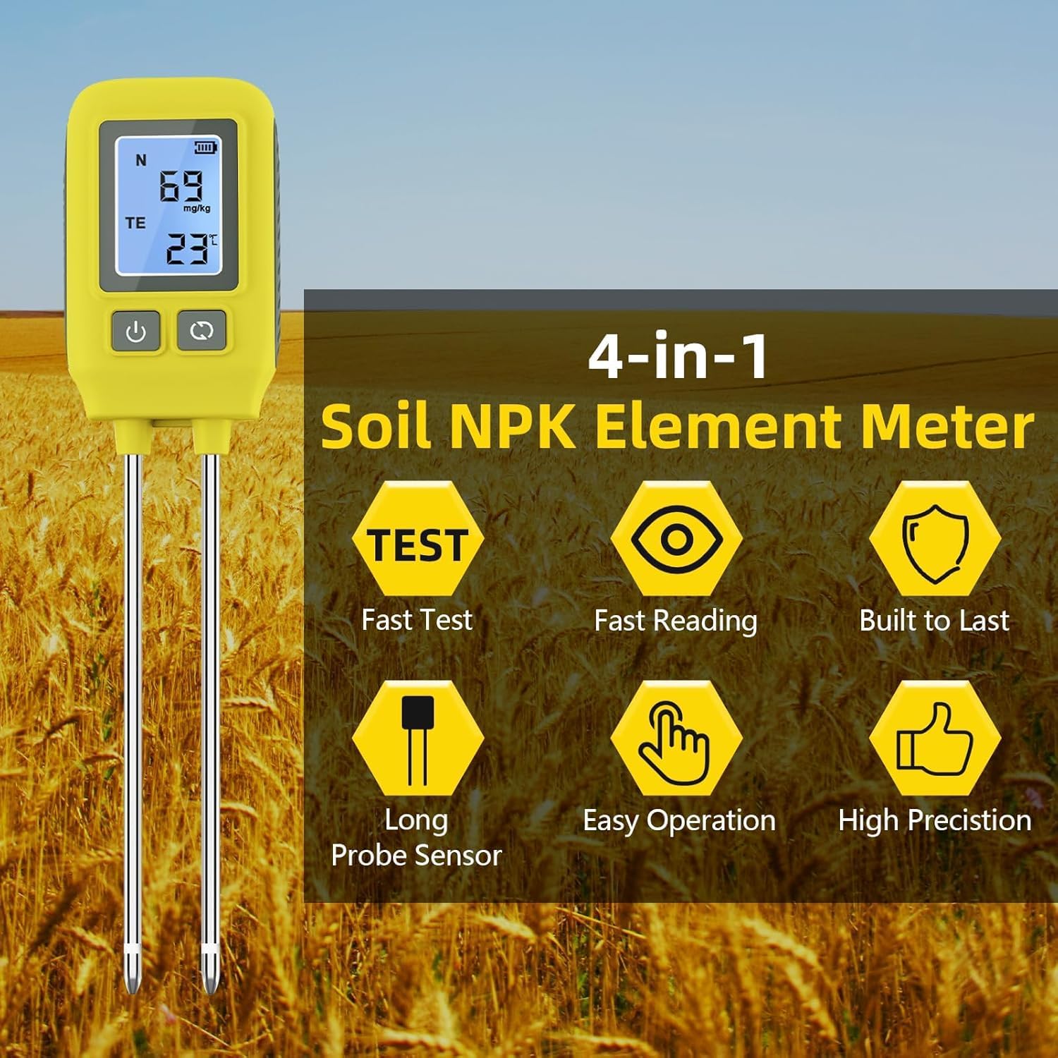 4 en 1 probador de Suelo, nitrógeno, fósforo, probador de potasio NPK con Pantalla Digital LCD, medidor de analizador de Suelo para jardinería, césped, Agricultura y Plantas al Aire Libre