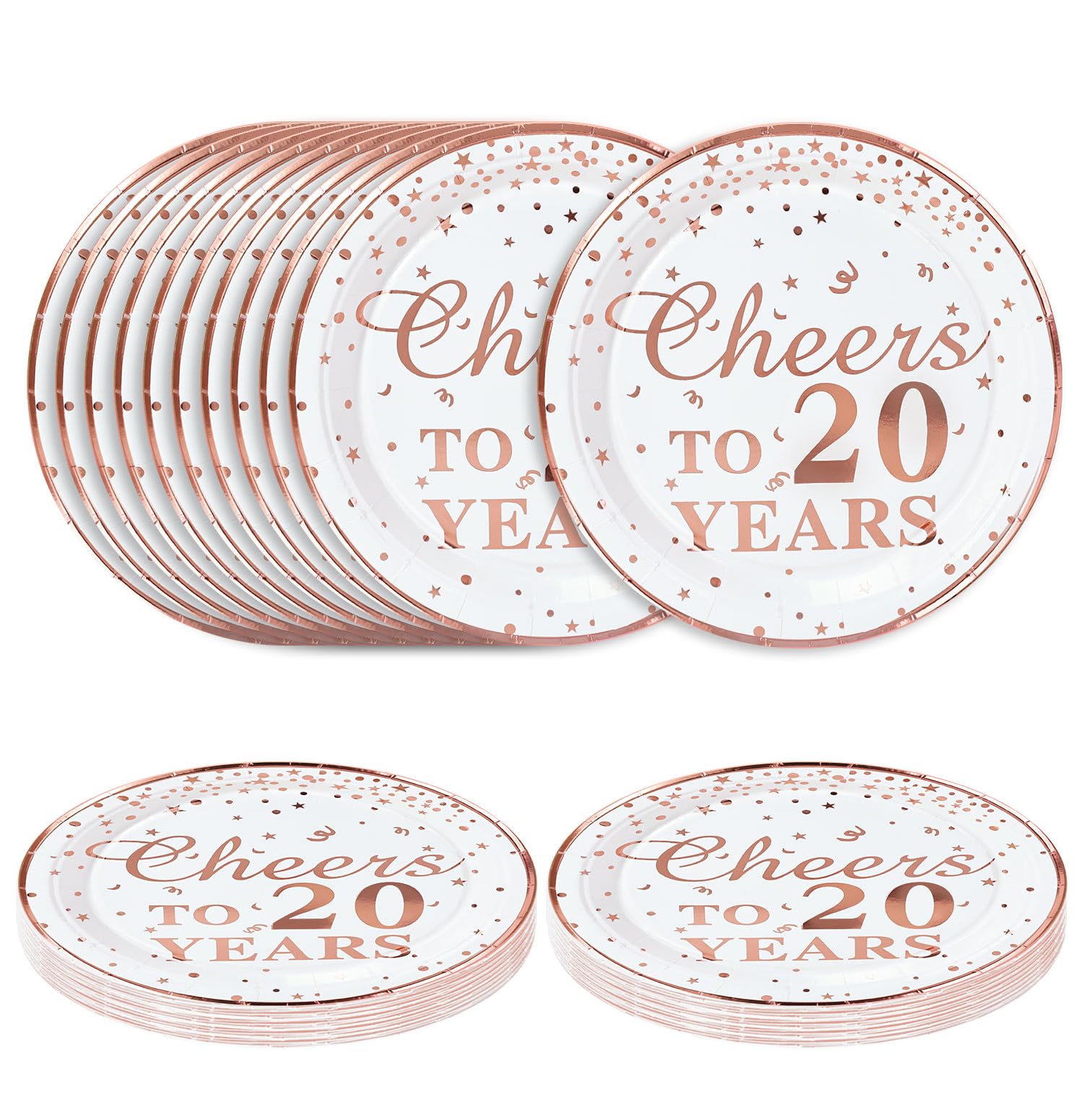 SietDESEO 50 PCS Cheers to 20 Years Paper Plates with Rose Gold Foil 7 Inch Disposable Plates 20th Birthday Dessert Plate for Birthday Party Supplies