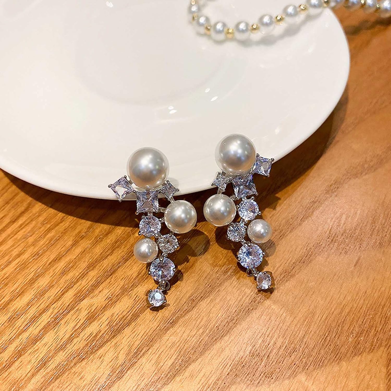 Cluster Pearl Crystal Earrings Multi Pearl Rhinestone Drop Earring Wedding Chandelier Earrings Pearls Stud Earrings Silver Cluster Cz Earrings Bridal Earrings Jewelry for Women - Image 4