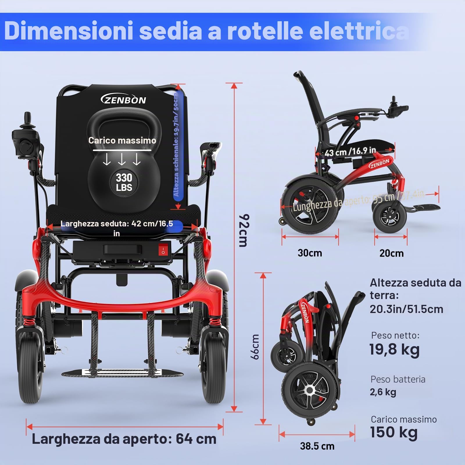 Sedia a rotelle elettrica in carbonio, pieghevole, 19,8 kg: Facile da ripiegare, con pneumatici grandi da 30 cm, per tutti i terreni, sedie a rotelle elettriche fino a 150 kg (rosso nero)