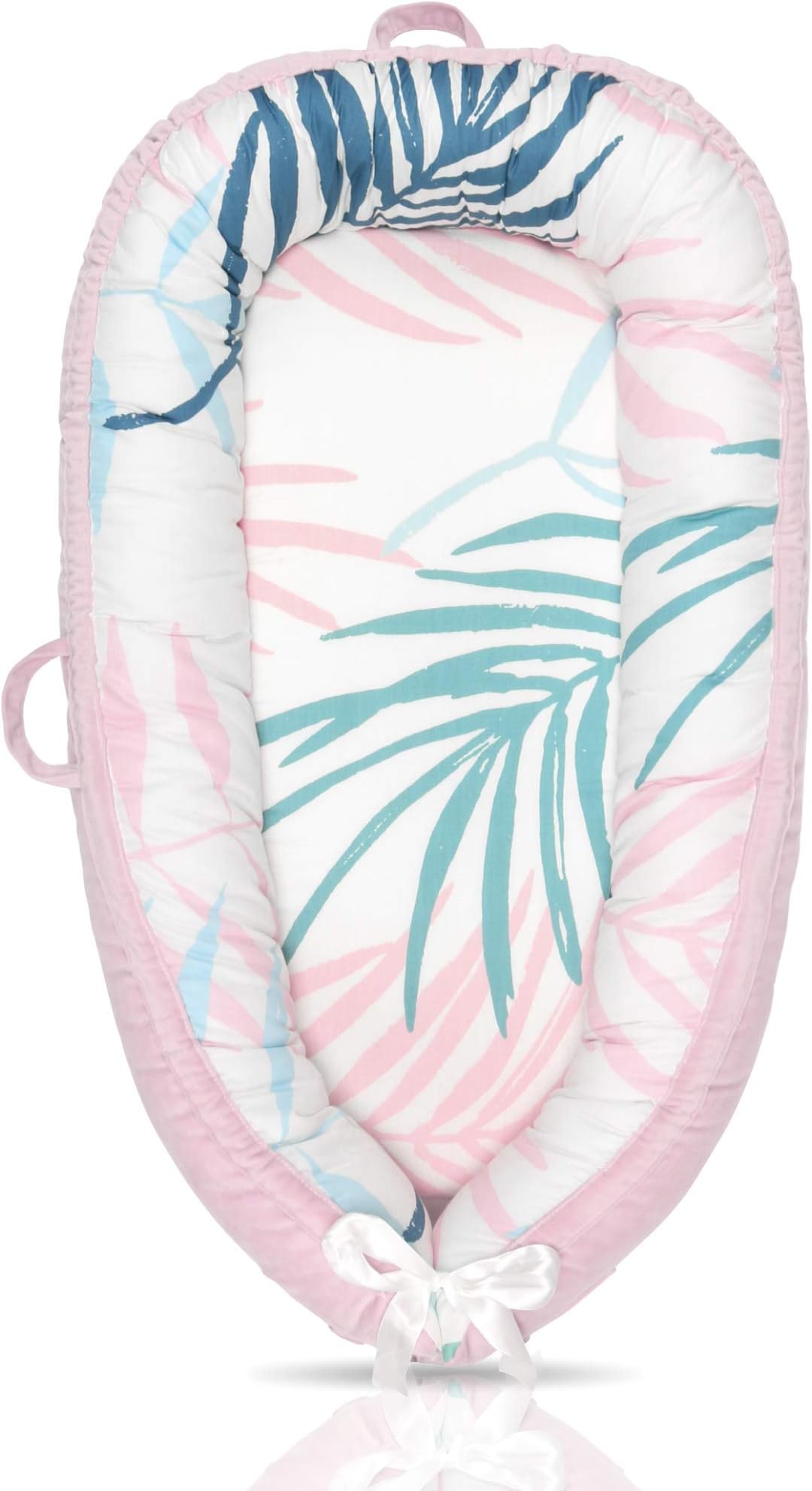 MOMAID Baby Lounger Portable Infant Co Sleeping Bassinet Newborn Cocoon Snuggle Reversible Nest for Bed Travel Crib (Pink Palm Leaf)