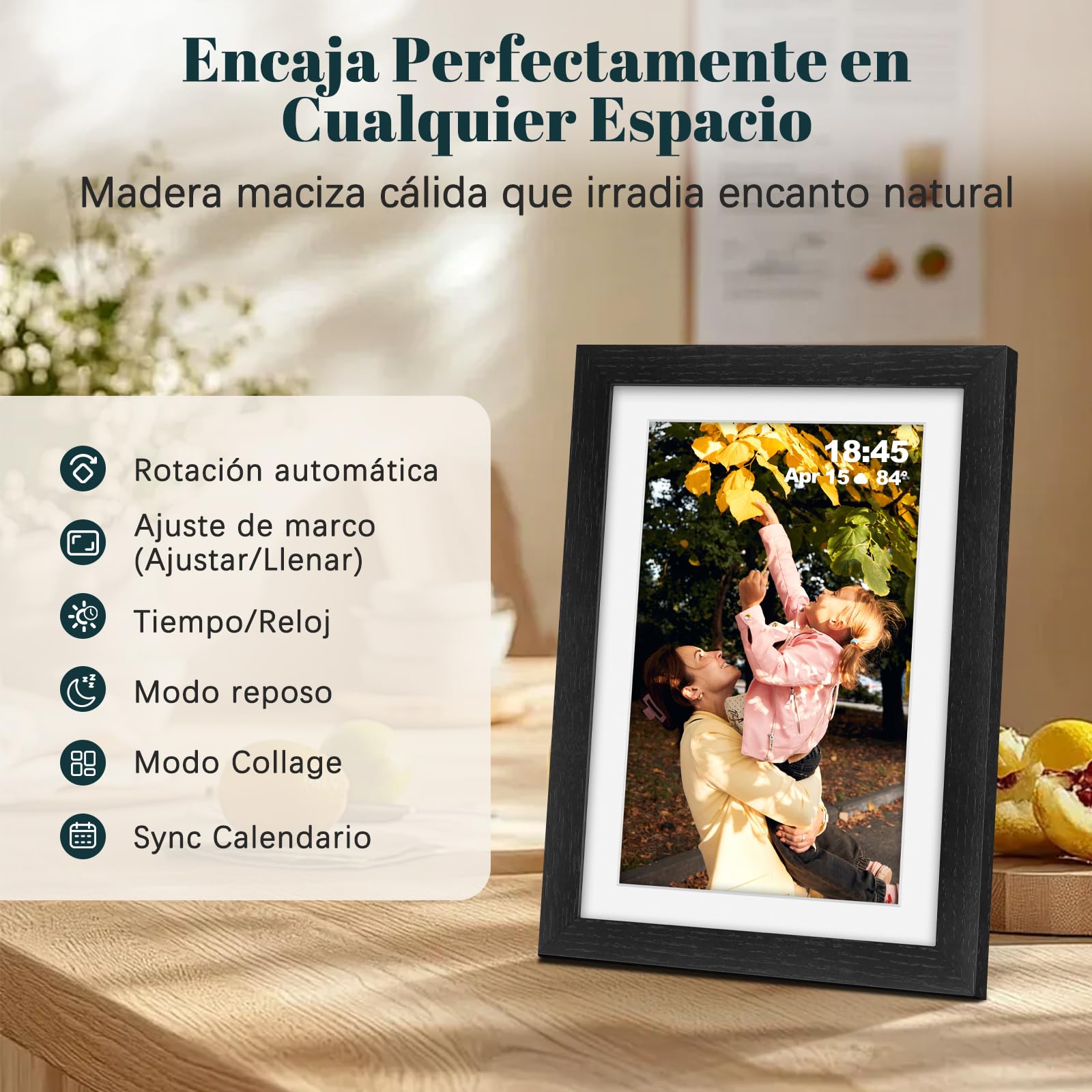 Frameo Marco de Fotos Digital WiFi 10.1 Pulgadas Negro Madera de Roble Memoria Incorporada 32GB, HD 1280x800 IPS, Pantalla Táctil para Fotos/Videos, Rotación Automática, Montaje en Pared