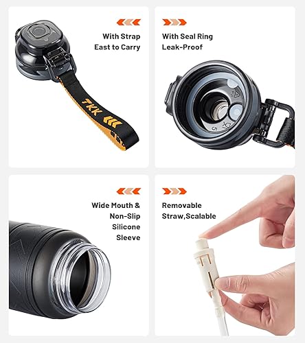 Miniatura 4 de TKK Botellas de agua deportivas con popote extraíble de 34 onzas, a prueba de fugas, duraderas, sin BPA, botellas de Tritan para la escuela,