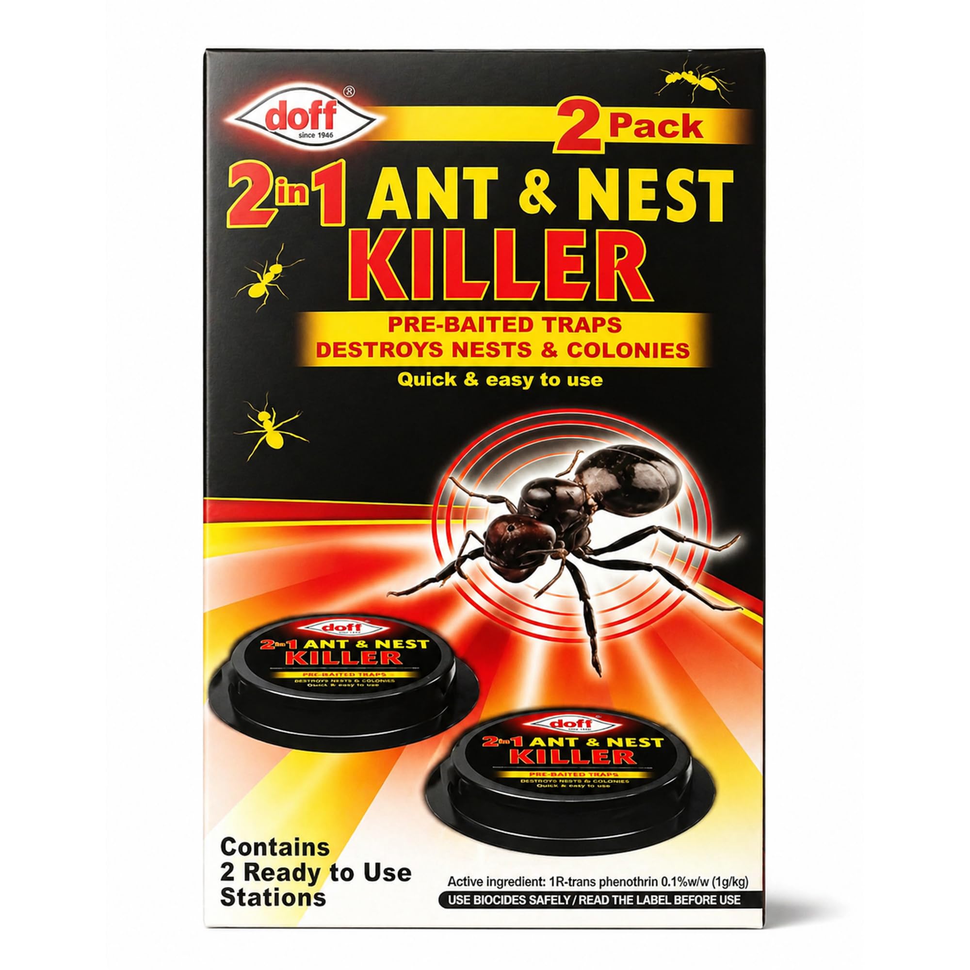 Doff 2 in 1 Ant & Nest Killer 2 Pack - Pre Baited Ant Traps, Ready to Use Bait Stations, Indoor Outdoor Use, Helps Reduce Ant Activity & Target Nests & Colonies, Simple & Easy to Use