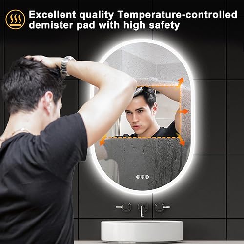 Miniatura 7 de S'bagno Espejo de baño ovalado de 36 x 24 pulgadas con luces, espejo de baño LED montado en la pared, marco acrílico, atenuación, cambio de color,