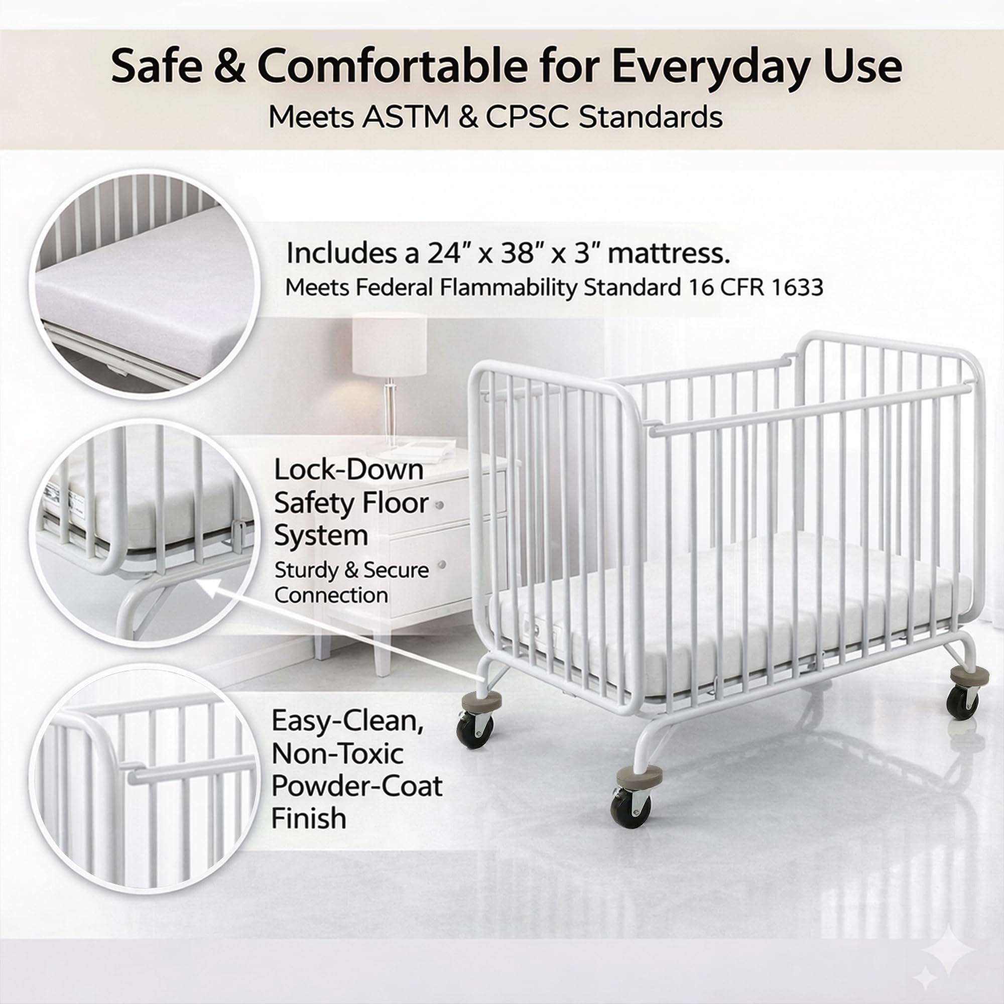 L.A. Baby Deluxe Holiday MiniPortable Folding Metal Crib White product thumbnail 7
