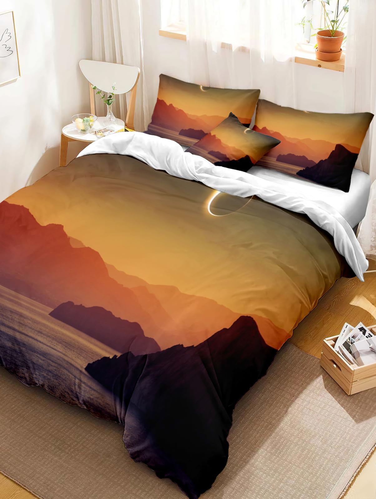 Copripiumino 200X200 Dusk Mountain Parure Copripiumino Matrimoniale Stampa Copripiumino Una Piazza E Mezza Ragazza,In Microfibra, Con 2 Federa(50X75Cm)