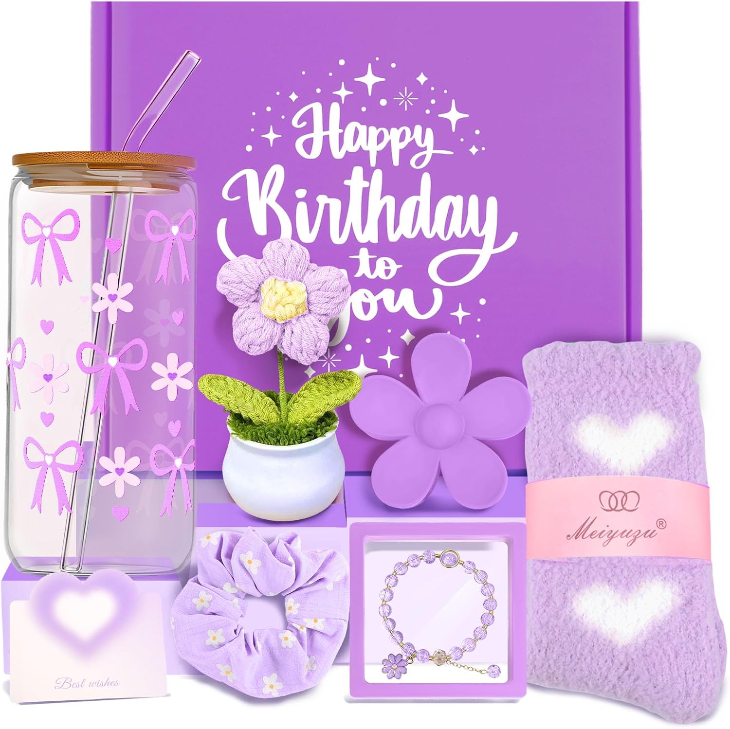 Teen Birthday Gifts for Girls, Valentines Day Gifts for Teen Girls 16-18 Women Sister Friends Daughter Niece, 7 Pcs Cute Daisy Bow Glass Cups Gift Basket for Teenage Girl