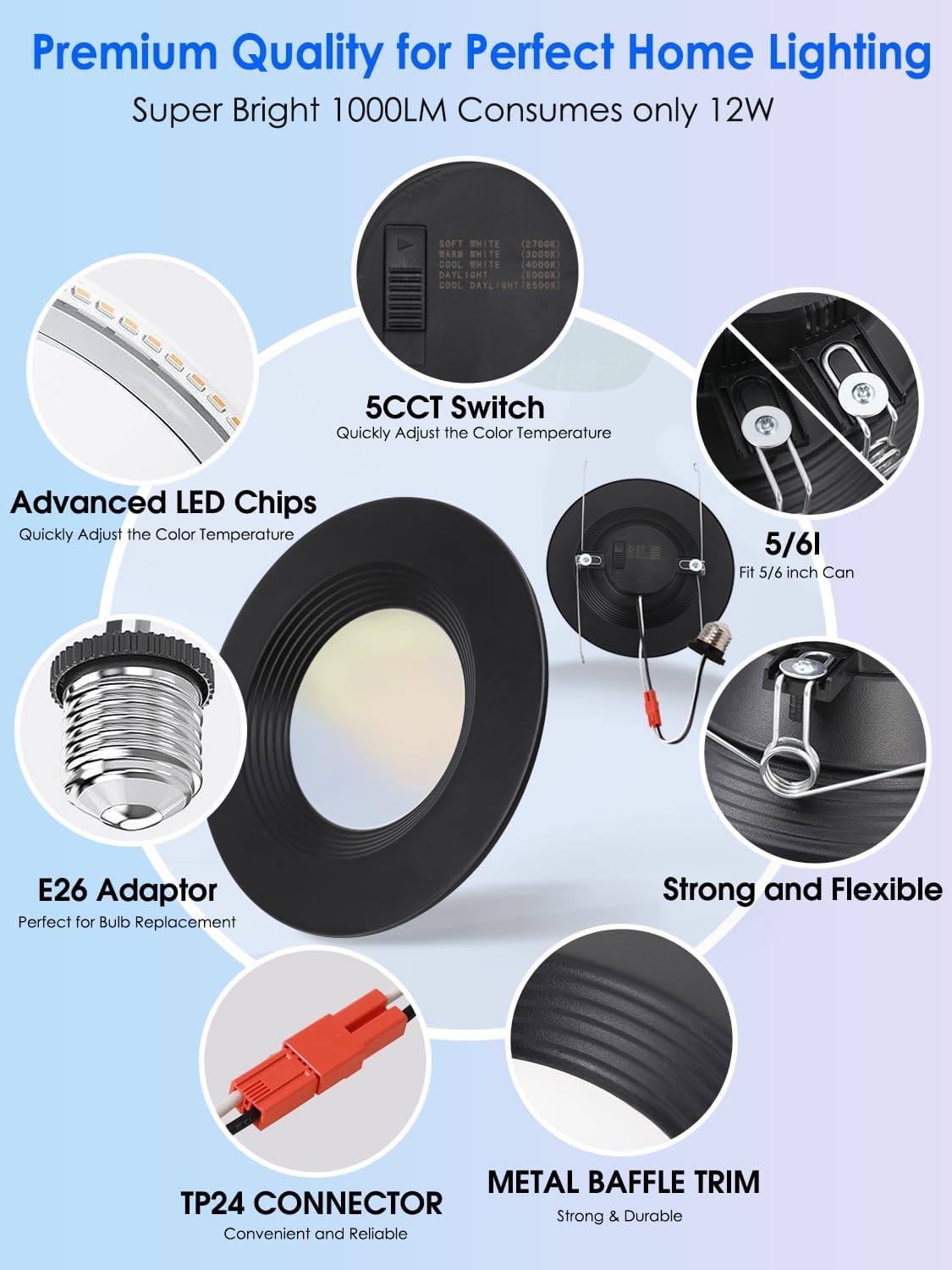 12 Pack 5/6 Inch 5CCT Black LED Recessed Lighting Retrofit, 2700K/3000K/4000K/5000K/6500K Selectable, Dimmable Can Lights with Baffle Trim, 12W=150W, High Brightness 1000LM, Wet Rated, ETL Certified - Image 6