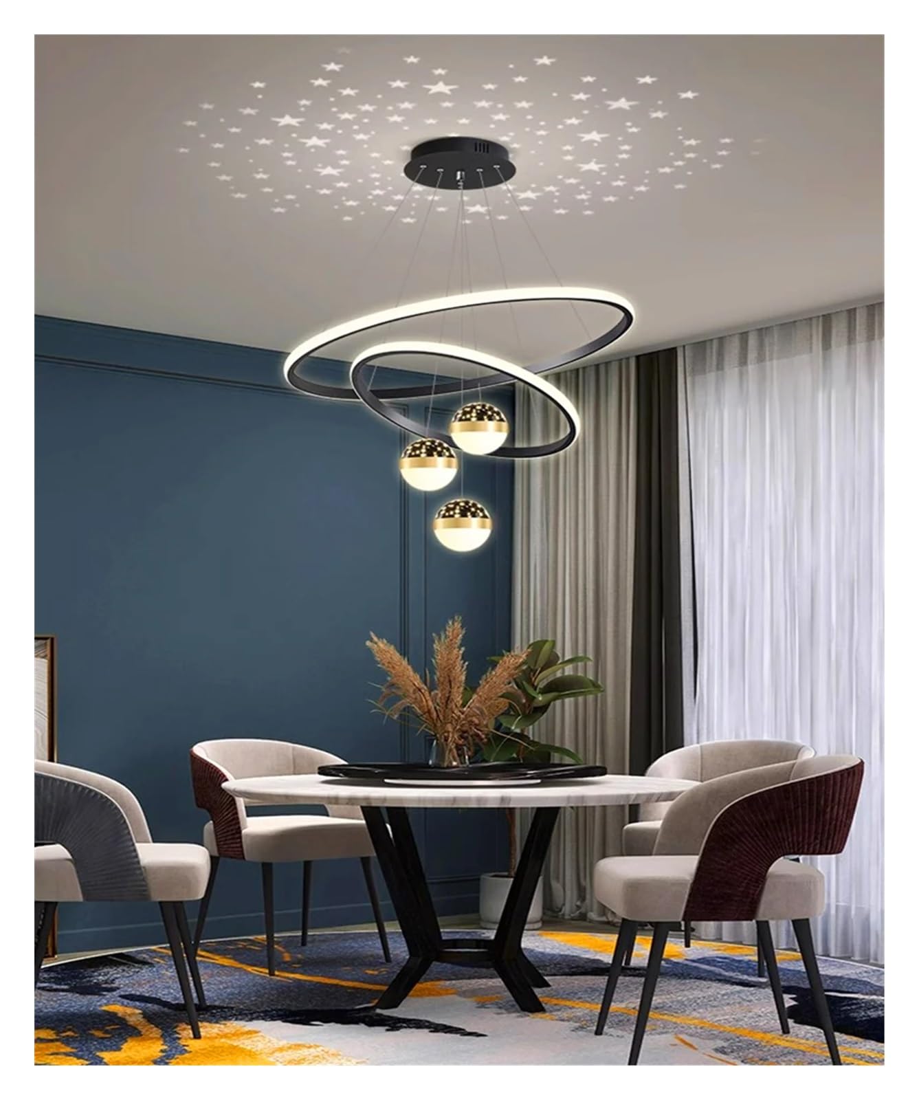 Nordic Home Decor lampa wisząca do jadalni, oświetlenie wewnętrzne, wisząca lampa sufitowa, żyrandol do salonu (2 czarne pierścienie, ściemnianie za pomocą pilota zdalnego sterowania RC)
