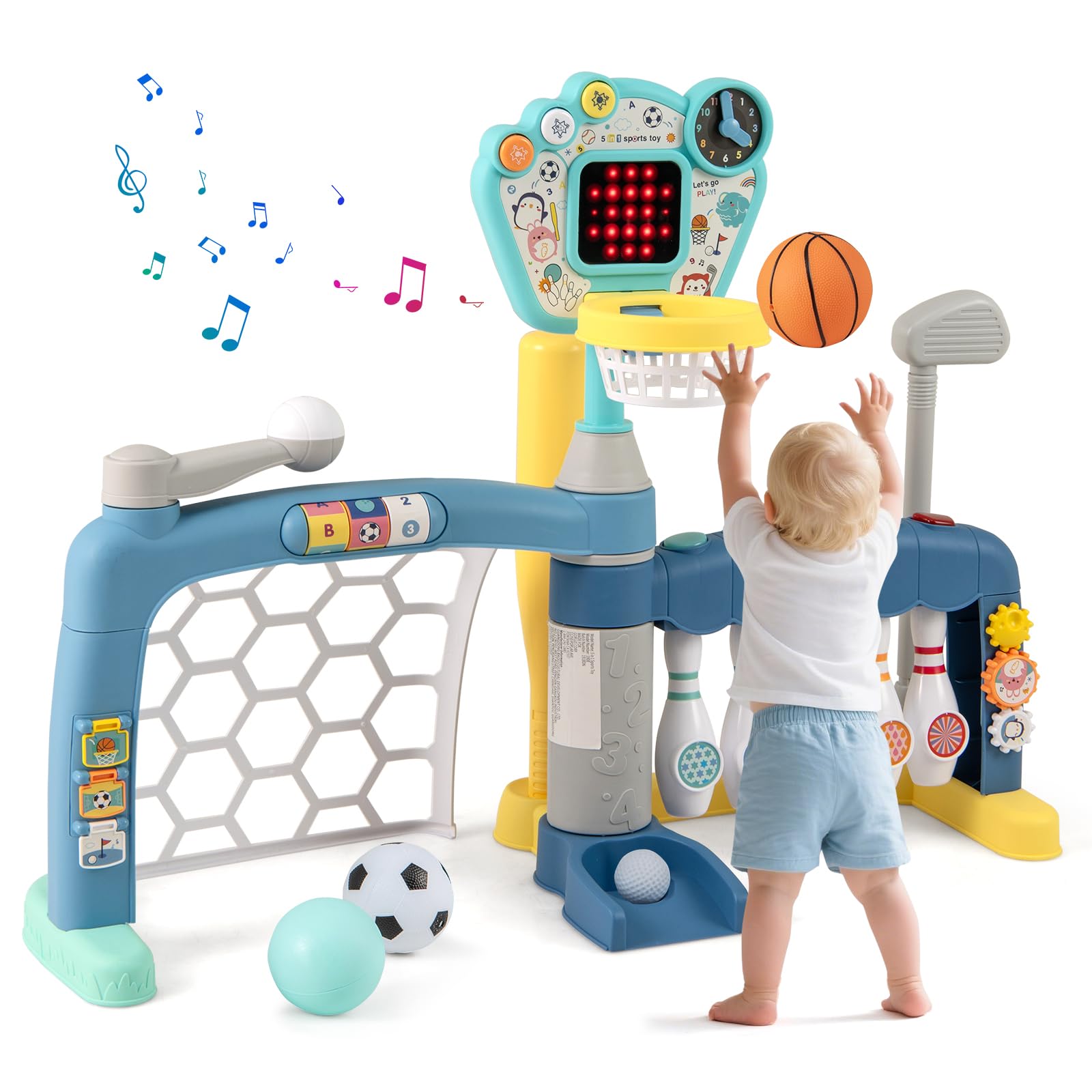 HOMASIS 5 in 1 Kinder Basketballkorb Set mit Licht & Sound, multifunktional Basketballständer mit Fußballtor, Golf, Bowling & Baseball, höhenverstellbar Basketballkorb mit Ständer mit Bälle & Zubehör
