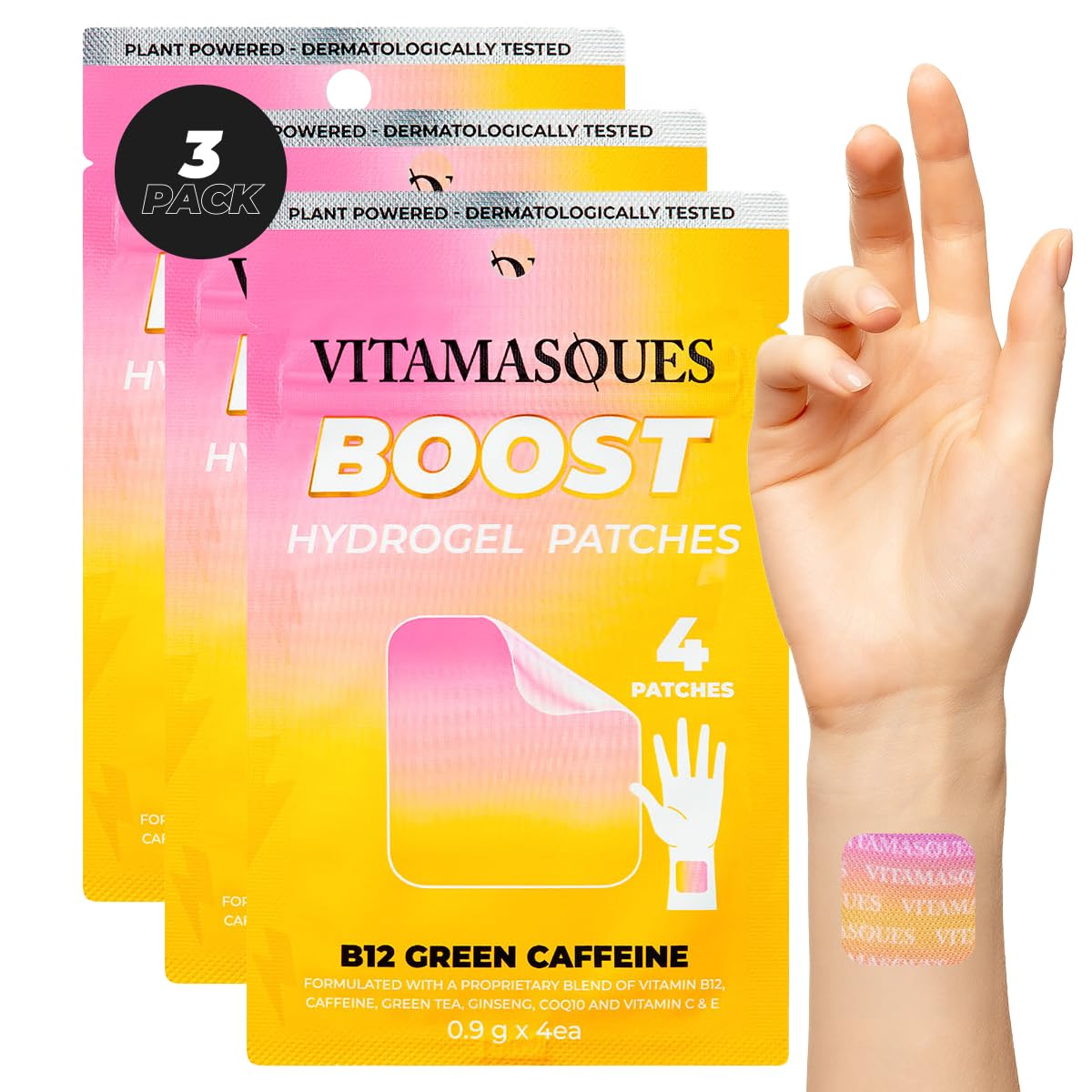 Energy Patches, Boostme Wellness Hydrogel Pads (3-Pack) - B12 Vitamin Patches for Women & Men, Energy & Focus for Adults - Cruelty-Free, Korean Skin Care Caffeine Gel Pads