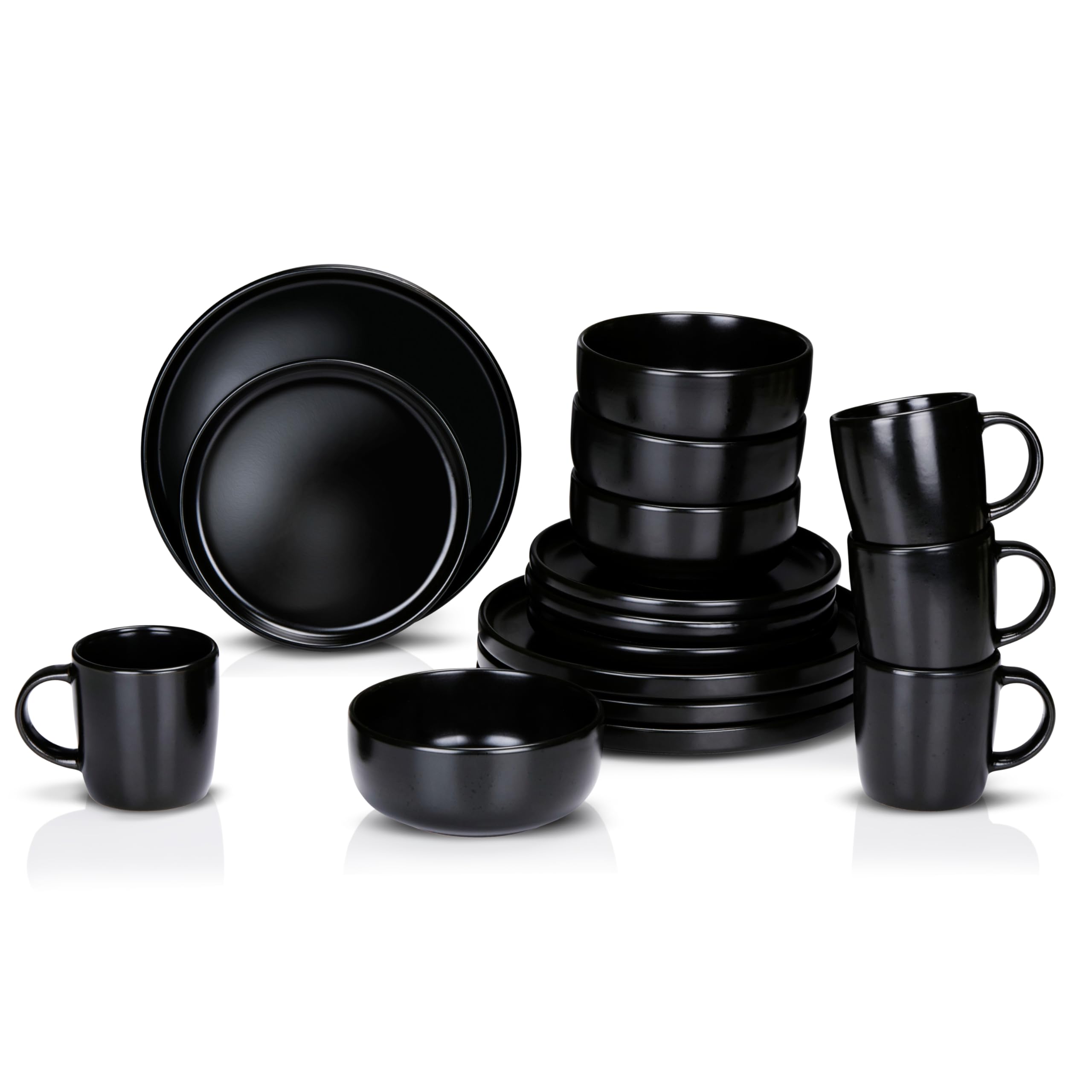 alpina 16-Piece Dinnerware Set - 4 Person Place Setting - Stoneware Dinnerware - Breakfast Plates, Dinner Plates, Bowls, and Mugs - Microwave and Dishwasher Safe - Black