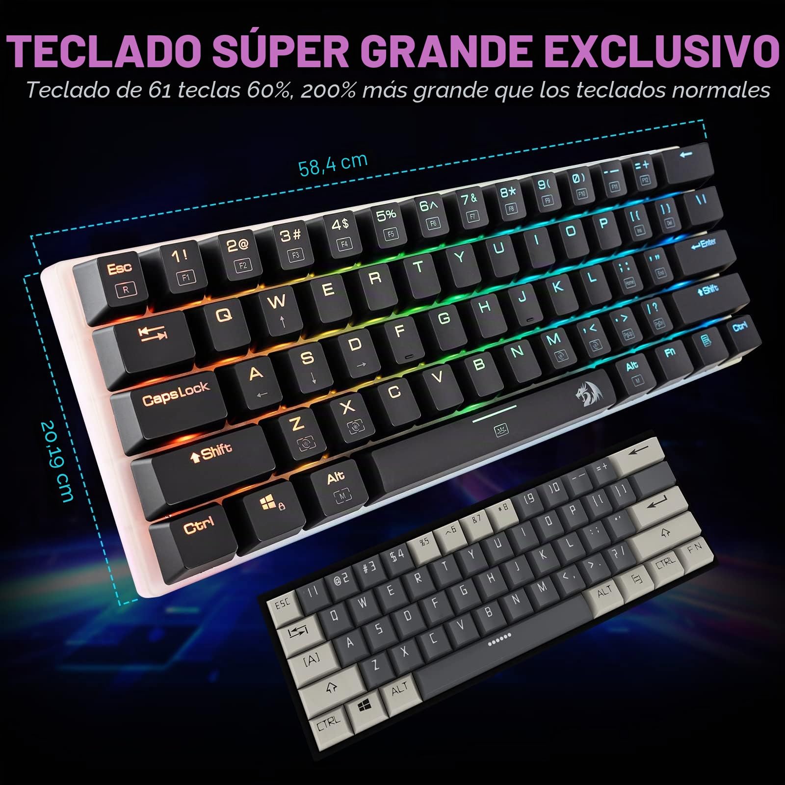 Redragon K605 Alien Giant - Teclado mecánico para Juegos, 61 Teclas súper Grandes e Interruptor Azul Outemu, retroiluminación LED RGB ergonómica, con Cable Tipo C, tecla Completa, sin conflictos,