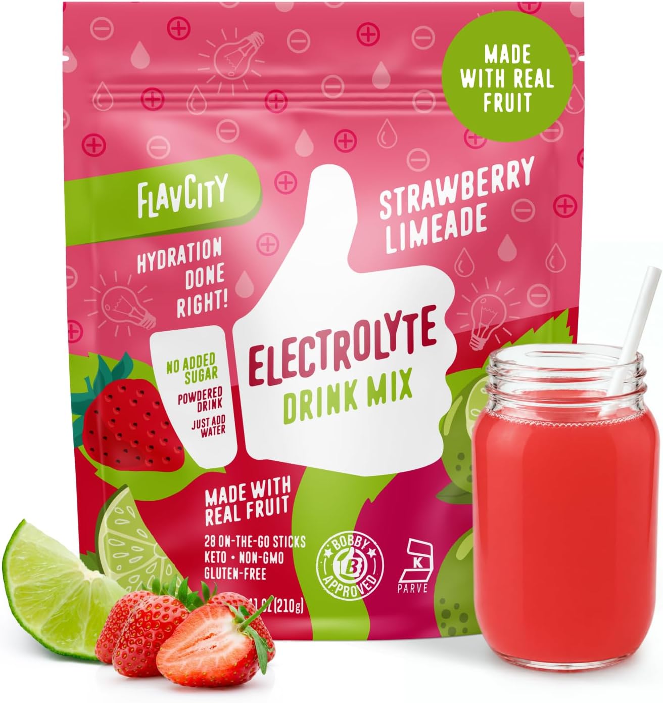 - FlavCity Strawberry Limeade Electrolytes Powder Packets - 28 Hydration Packets - No Added Sugar - Hydration Powder with Real Fruit & Unrefined Sea Salt - Keto & Gluten-Free (28 Stick Packs)