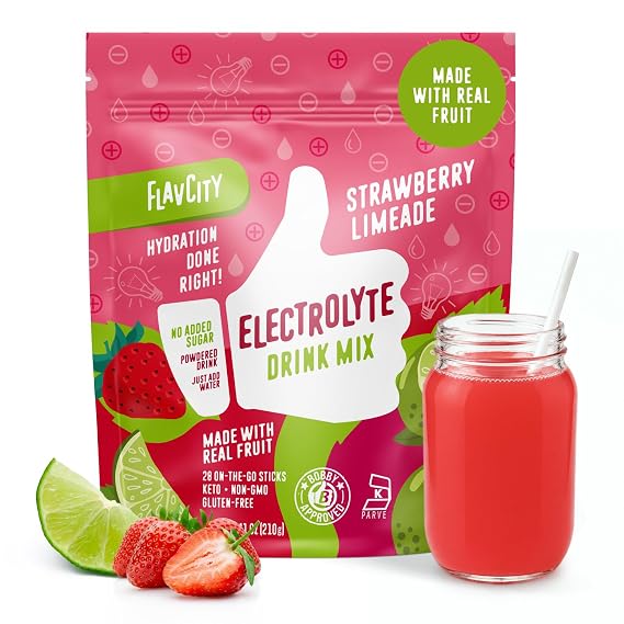 FlavCity Strawberry Limeade Electrolytes Powder Packets - 28 Hydration Packets - No Added Sugar - Hydration Powder With Real Fruit & Unrefined Sea Salt - Keto & Gluten-Free 28 Stick Packs