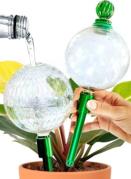 16 Oz 2 pcs Plant Watering Globes for Indoor Plants with Metal Self Watering Planter Insert - Premium XL Glass Hand-Blown Globes - Automatic Plant Waterer Indoor, Gift for Gardeners [Clear & Crystal]