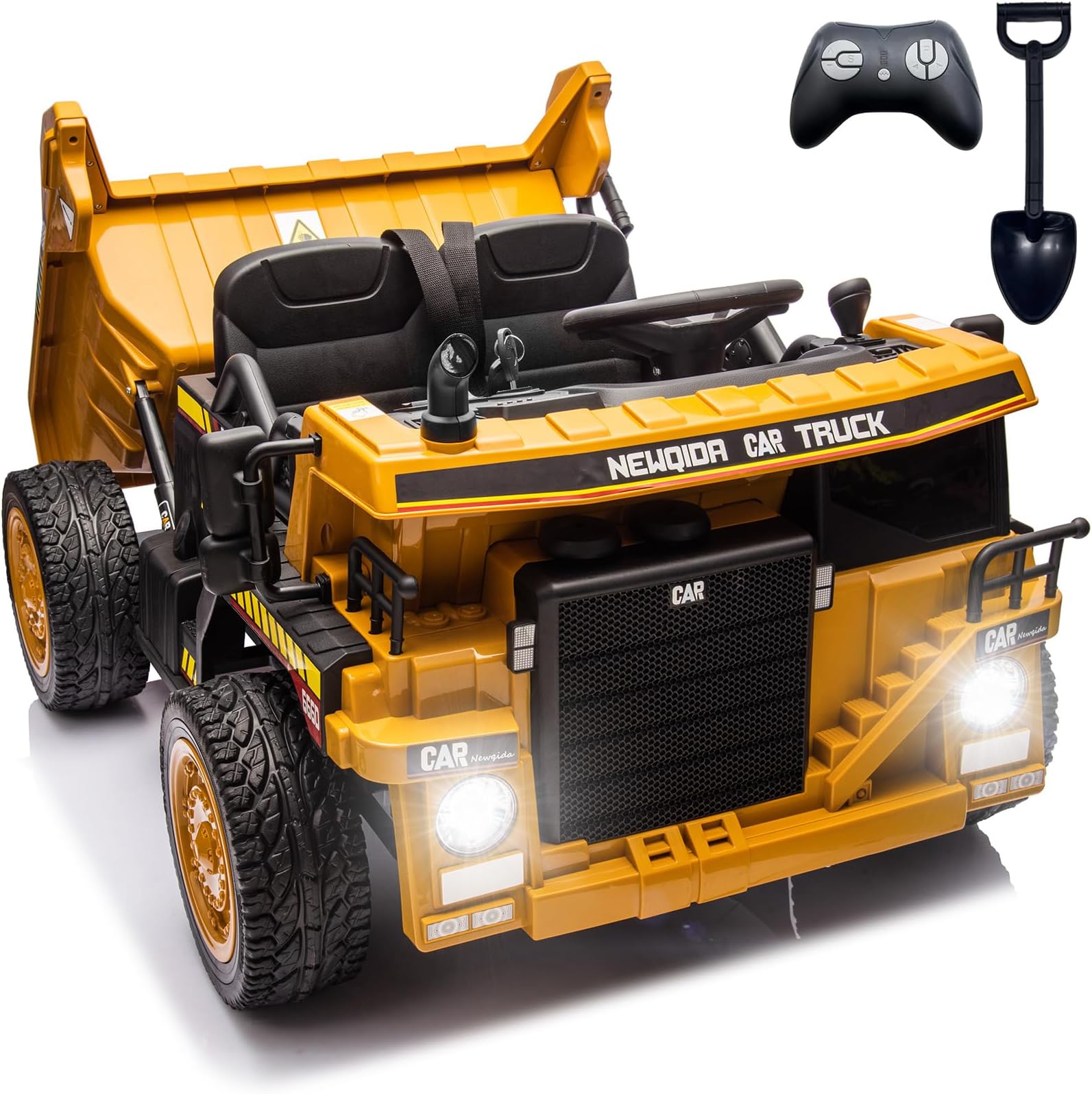 - NEWQIDA 24V Ride on Dump Truck, Electric Car for Kids with Remote Control, Kids Ride on Toys Construction Vehicles w/Electric Dump Bed, Shovel, Powerful Motors, EVA Tires, Soft Start, 2 Seater, Yellow