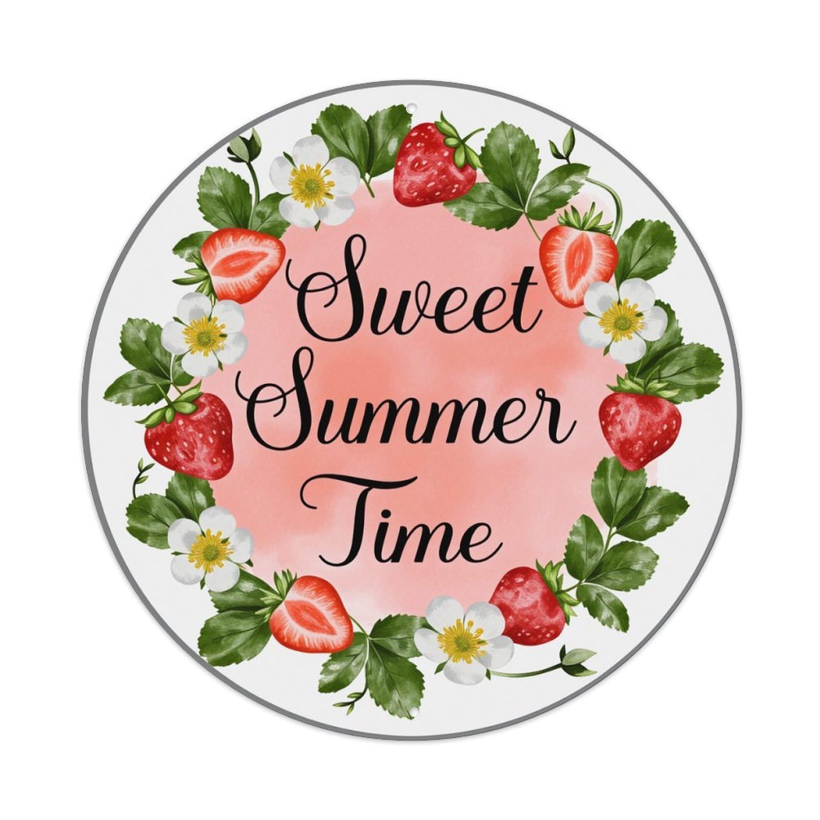 Strawberry Flower Wreath Summer Design Round Tin Sign Retro Metal Sign for Cafe Bar Pub Home Game Room Gym Club Wall Decoration Vintage Metal Poster 8x8 Inch