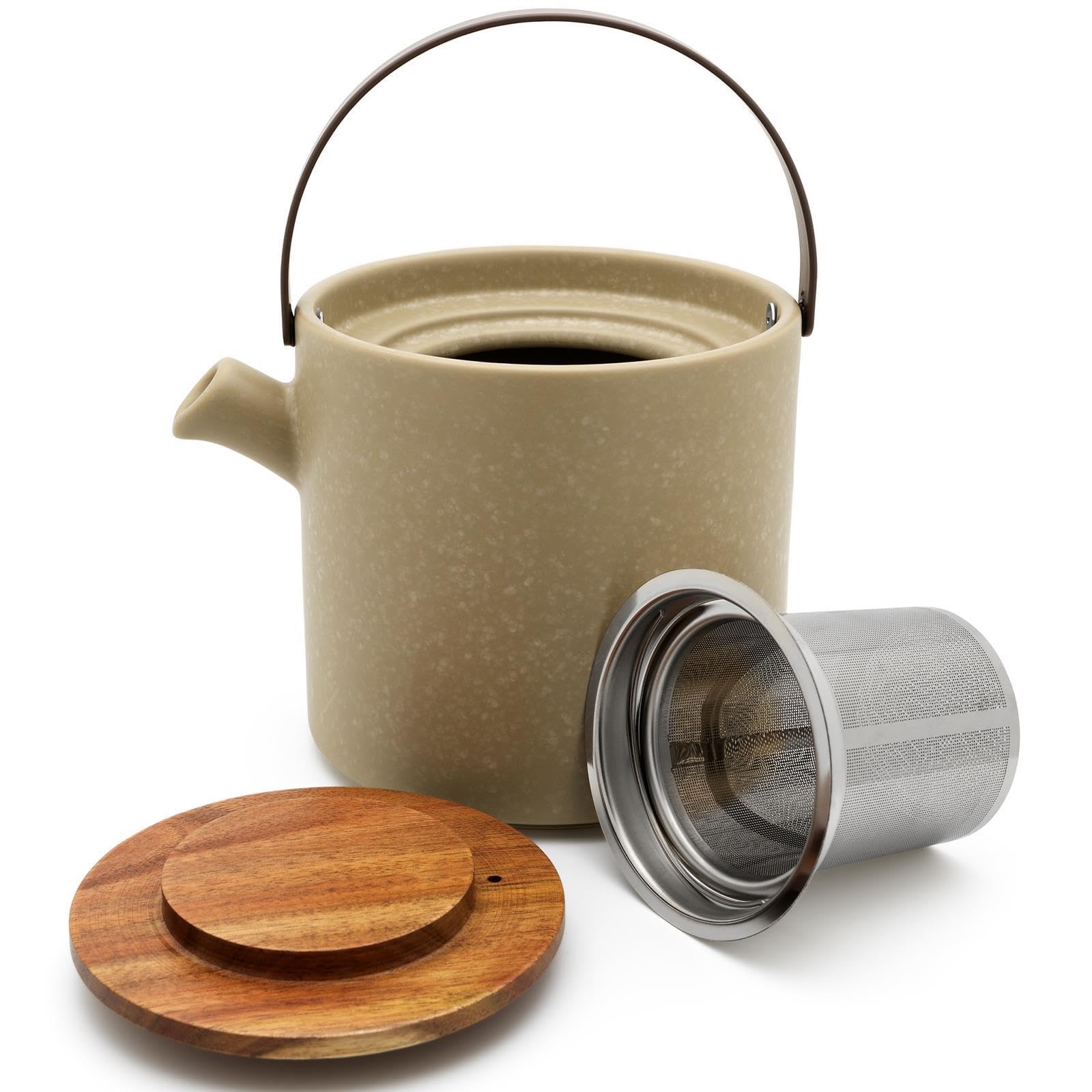 Bredemeijer 6-teiliges Steingut Teekannen Set 1.2 Liter beige - große Keramik-Kanne mit Teewärmer für 1 Teelicht - inkl. 2 Teebecher mit Holzuntersetzer & Tee-Filter