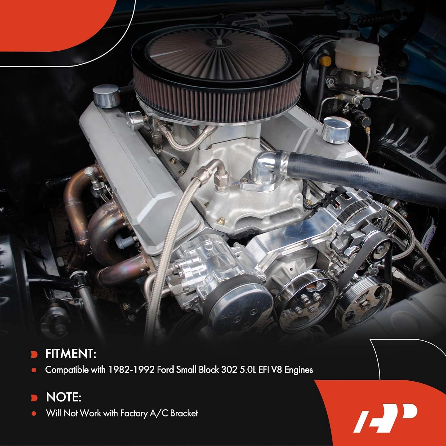 A-Premium Polished Aluminum Alternator & Power Steering Bracket Kit Compatible with Ford Small Block 302 1982-1992, 5.0L V8 Engines