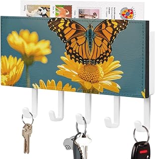 Butterfly Key Holder with 5 Hooks Mail Organizer for Wall White | Key Hanger for Wall Mount, PU Leather Key Rack with 1 Self-Adhesive Tape
