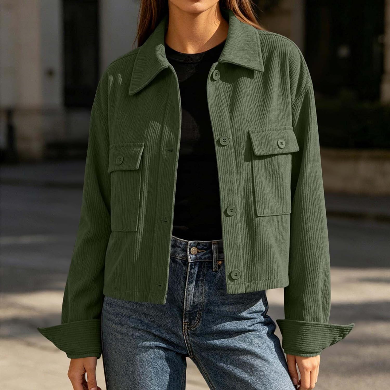 Corduroy Shacket for Women Long Sleeve Collared Button Down Jacket Fall Winter Casual Work Outerwear with Pocket