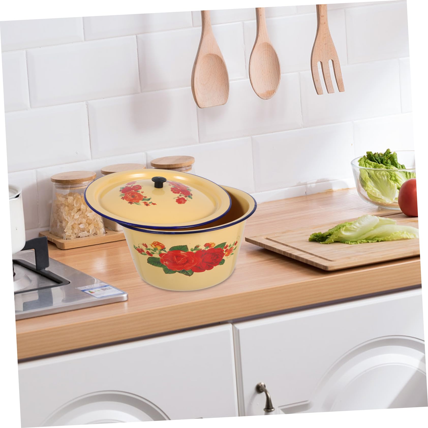 Ciieeo Vintage Emaille Schüssel mit Deckel Emaillierter Handwaschtopf im Retro Stil Leicht zu Reinigen Vielseitig für Zuhause und Restaurant Keramik Schälchen mit Deckel