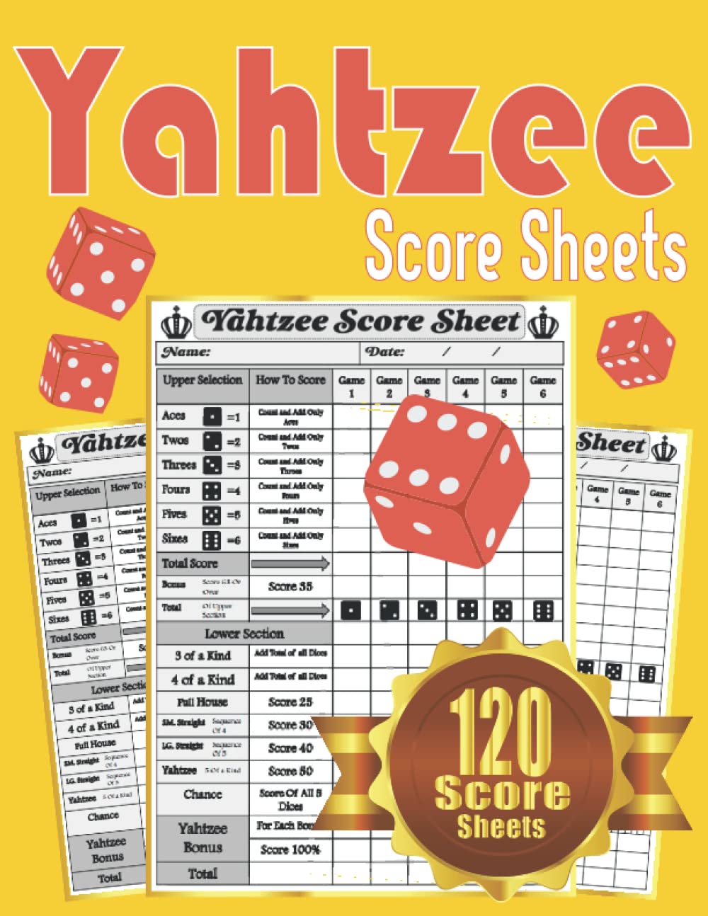 Yahtzee Score Sheets: Easy-To-Use Yahtzee Score Keeping Cards for Yahtzee Dice Game Lovers/ Yahtzee Scorebook Pads for Scorekeeping with Mini Yahtzee Box/ Yellow and Red Background
