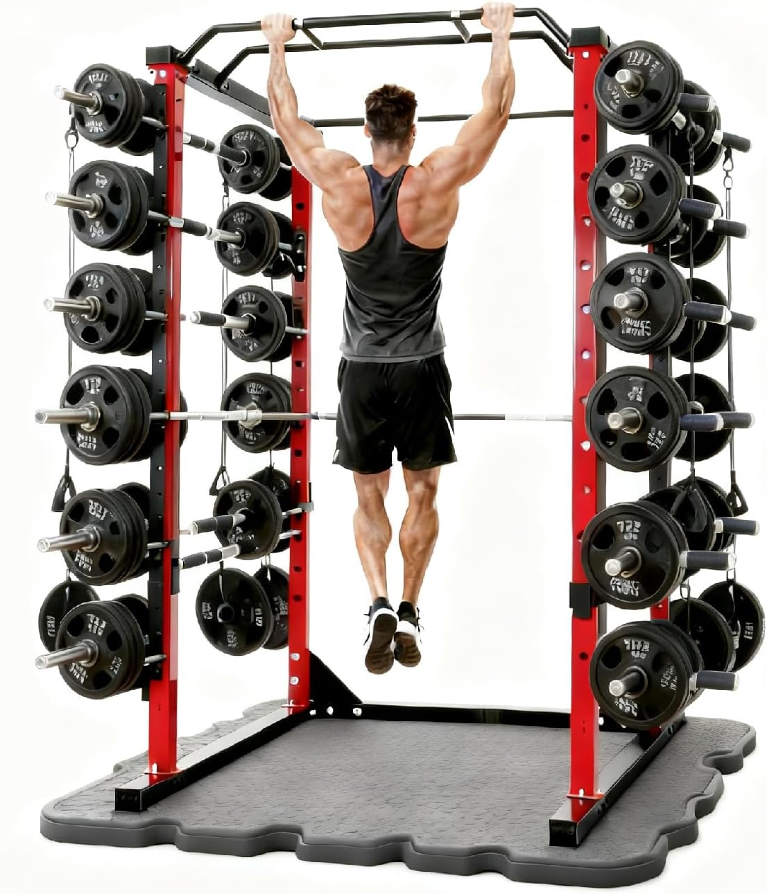 1200lb Multi-Functional Squat Rack - 77x45in Stable Power Cage with LAT PullDown/Cable Crossover Option, J-Hooks & Dip Handles, Home Gym Weight Plate Storage