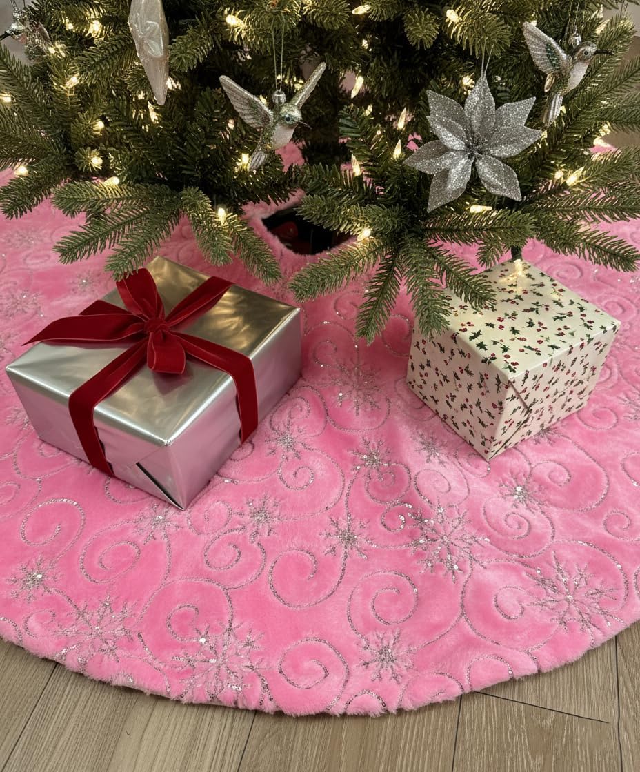 AOGU 48 Inch Sequin Faux Fur Christmas Tree Skirt Decoration for Merry Christmas Party White Plush Gold Sequin Snowflake Xmas Christmas Tree Skirt Decorations
