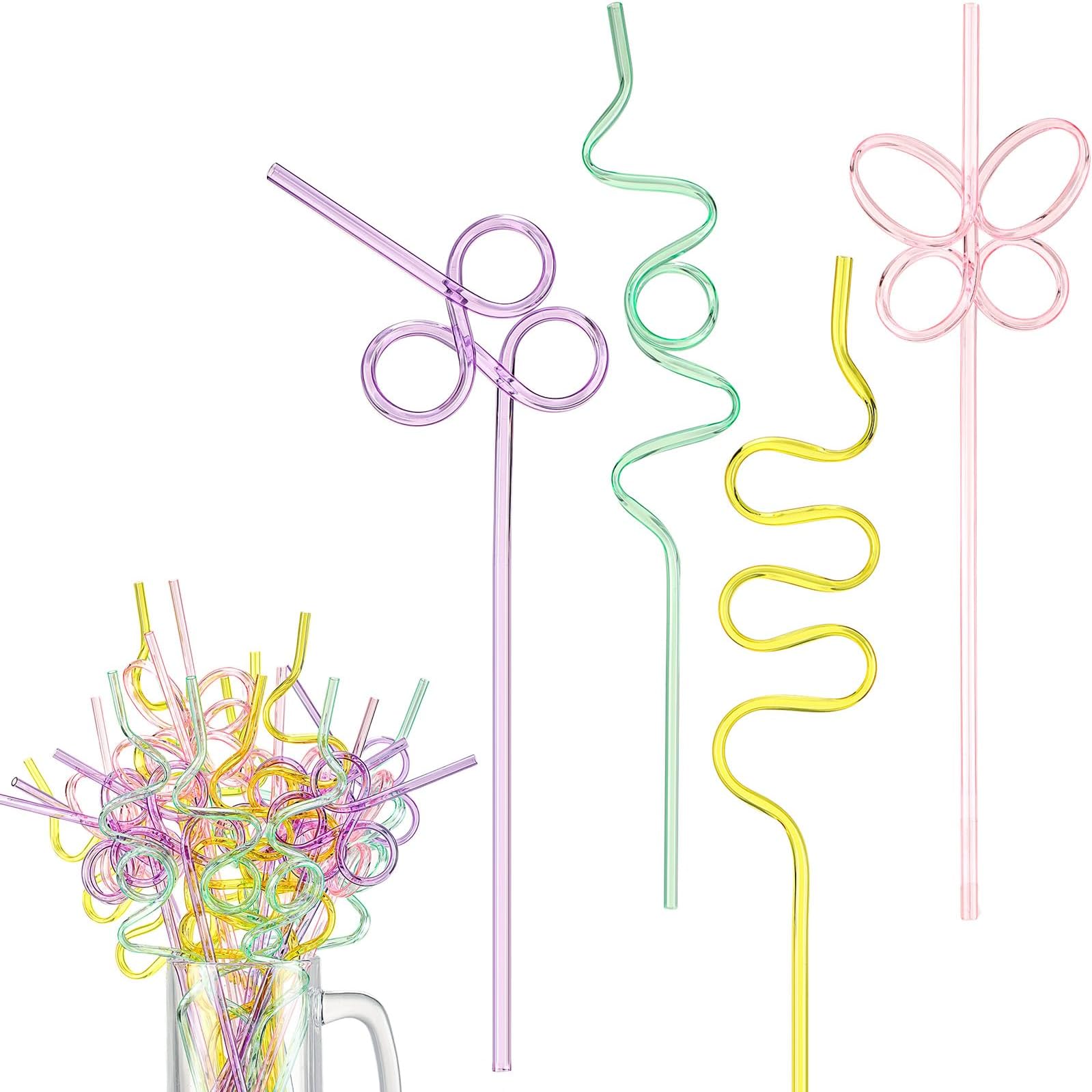 Hsei 40 Pcs Pastel Reusable Straw Colorful Twisty Silly Straws for Kids Spiral Plastic Crazy Drinking Straws for Rainbow Birthday Party Butterfly Bachelorette Bridal Shower Decorations, 4 Colors