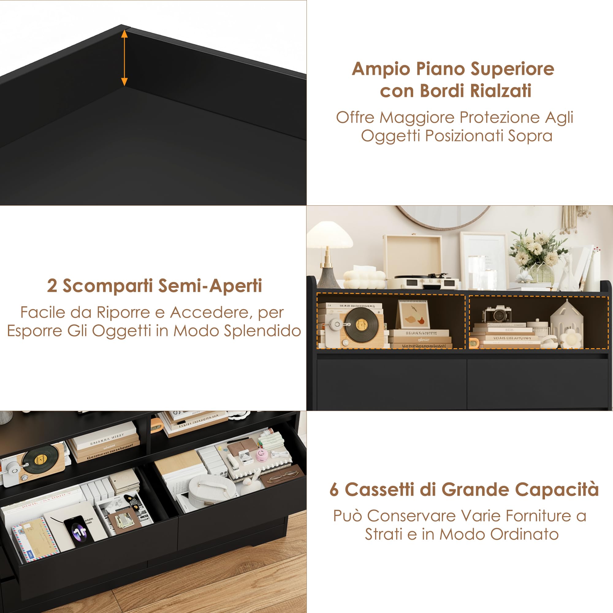 FOREHILL Cassettiera Camera da letto, Cassettiera con 6 Cassetti, Comò con 2 Scomparti Aperti Moderno, per Camera da Letto, Corridoio, Soggiorno, Ufficio, 120x40x100cm (Nero)
