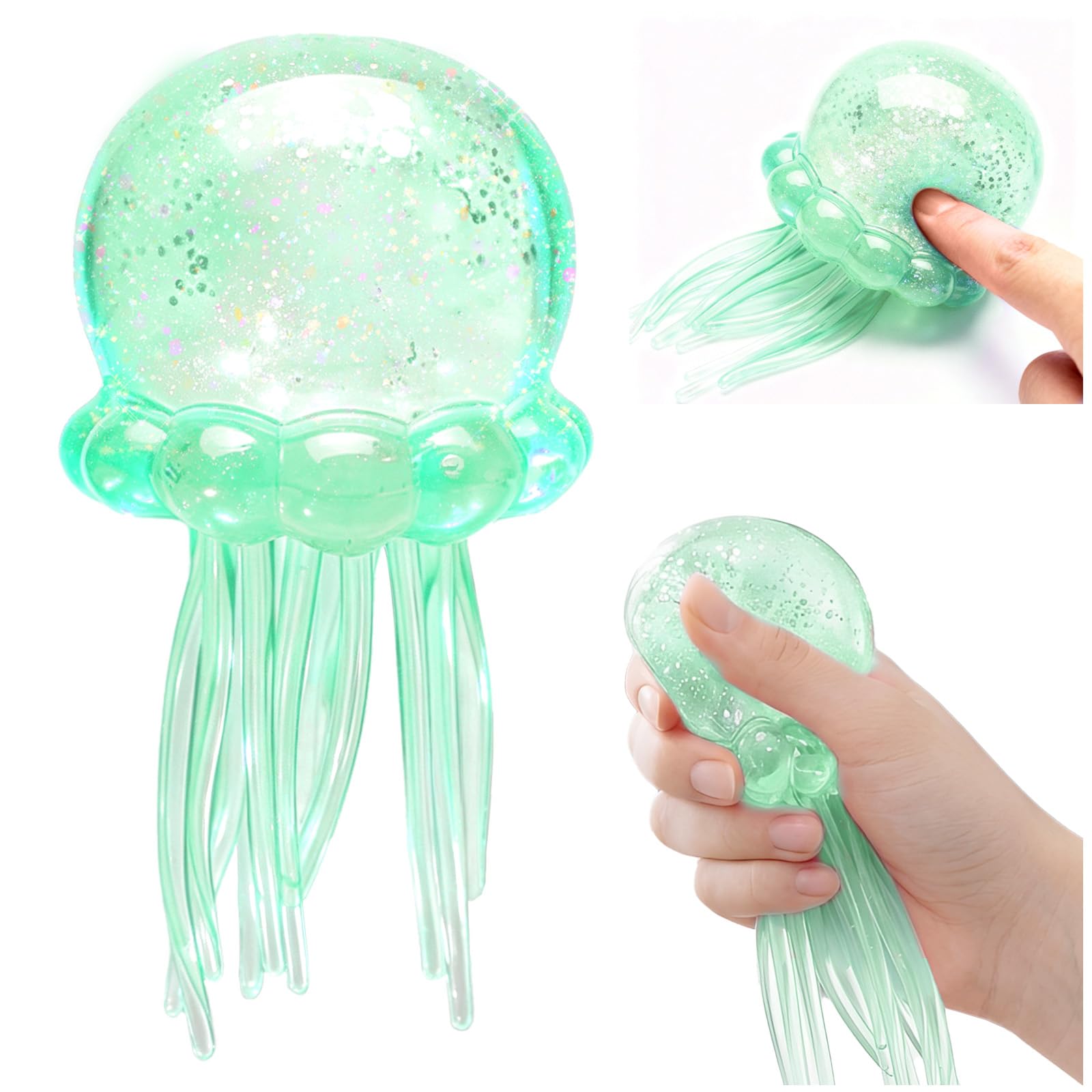 Glitter Jellyfish Squishy Toy, Stress Relief Squishy Fidget Toy for Kid&Adult, Soft Jellyfish Sensory Toy with Wiggly Tentacle, Portable Squeeze Ball for Office School Travel (Green Jellyfish)