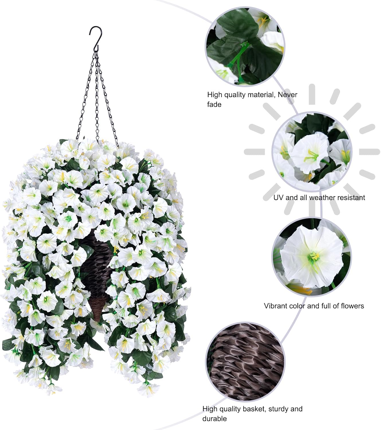 Artificial Fake Flowers Plants Hanging Baskets for Outdoor Outside Winter Christmas Decor, Faux Silk Hanging White Morning Glory Trailing Vines UV Resistant for Porch Patio Home Decoration - Image 3