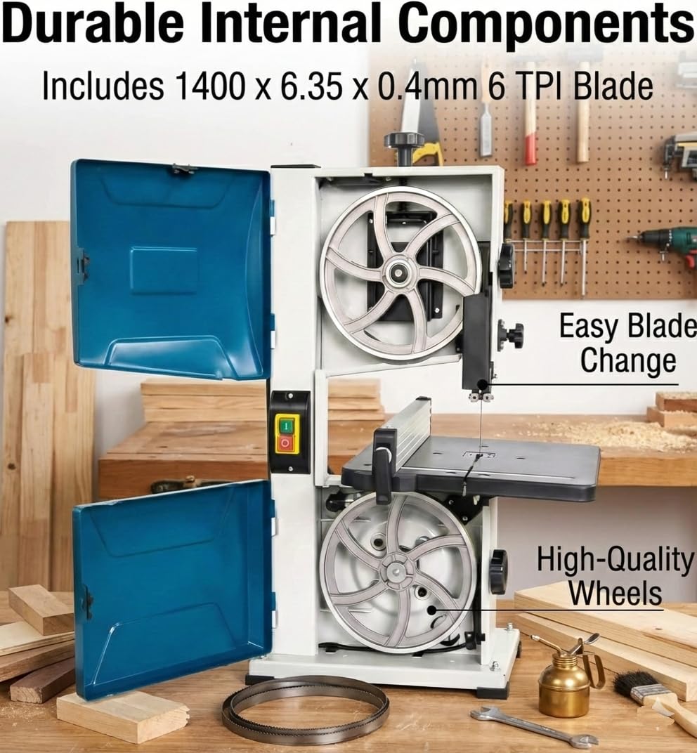 KATSU Tools Tischbandsäge, 200 mm, 350 W, elektrische Bandsäge für die Holzbearbeitung, 45° neigbarer Metallarbeitstisch für Gehrungsschnitte, Sägeblatt im Lieferumfang enthalten, 100555