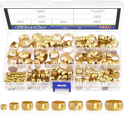 Miniatura 13 de Glarks 105 casquillos de compresión de latón OD de 1/4" 3/8" 1/2" casquillos de compresión, kit surtido de accesorios de compresión de latón de 3