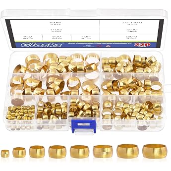 Glarks Brass Compression Sleeves Tube OD 4mm 6mm 8mm 10mm 12mm 13mm 14mm 16mm Brass Compression Fitting Assortment Pack of 220