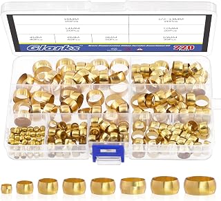 Glarks 220Pcs Brass Compression Sleeves Ferrules, Tube OD 4mm 6mm 8mm 10mm 12mm 13mm 14mm 16mm Brass Compression Fitting Assortment Kit