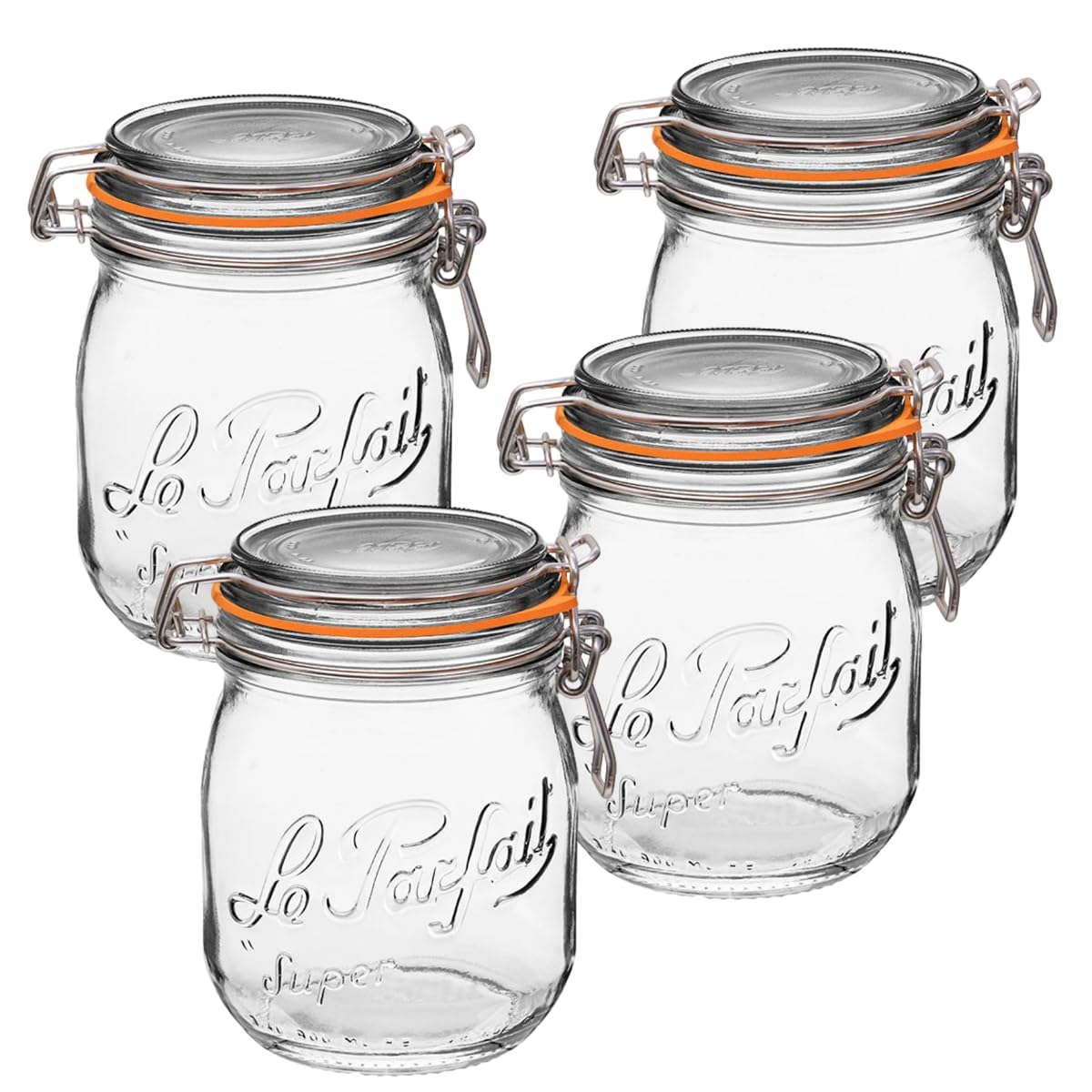 Le Parfait 24Oz (Set/4) Super Jar - 750Ml French Glass Canning Jars W/Round Body, Wide Mouth, Clear Glass, 24Oz/Pint & Half, 4Pk