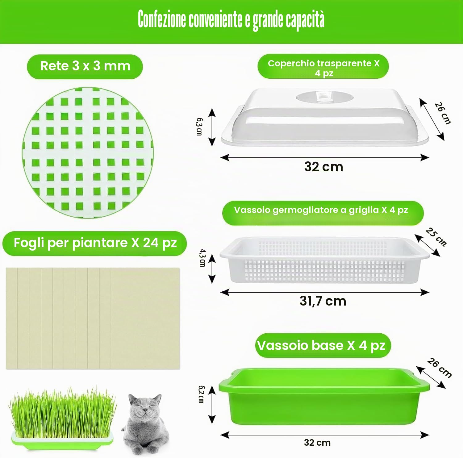 KAHEIGN 4 Pezzi Vassoi per Germinazione dei Semi con Coperchio, 32cm x 26cm Vassoio di Germinazione di Grande Capacità Propagatore Idroponico Sano Senza BPA con 24 Carte per Piantare per Coltivazione