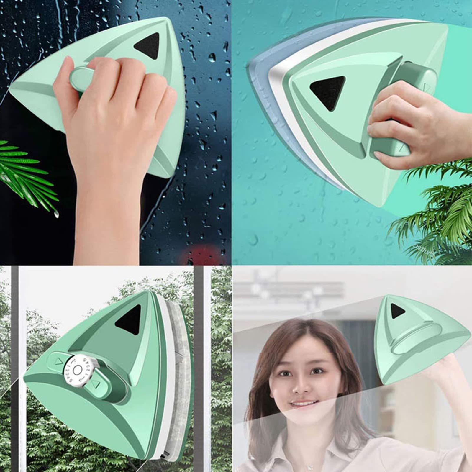Narzędzia do czyszczenia szkła， Dwustronny magnetyczny środek do czyszczenia szyb okiennych 5-pilników regulowana grubość magnesy domowe szczotka narzędzia(Green)