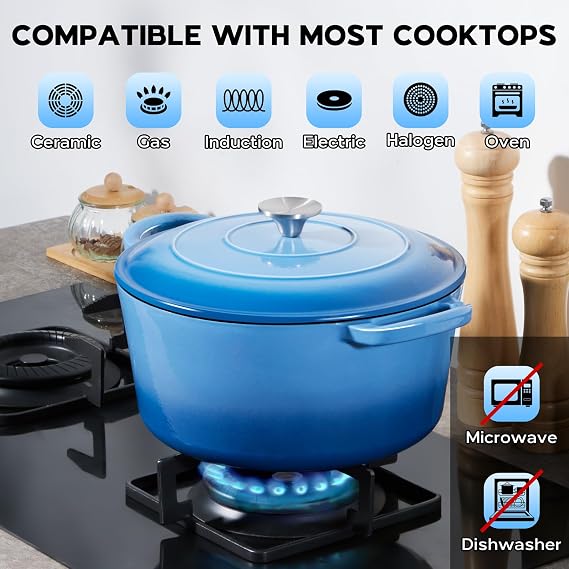 Onader Enameled Cast Iron Dutch Oven Pot with Lid, 5 Quart Round Dutch Oven for Bread Baking, Heavy Duty & Non Toxic - Blue