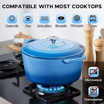Onader Enameled Cast Iron Dutch Oven Pot with Lid, 5 Quart Round Dutch Oven for Bread Baking, Heavy Duty & Non Toxic - Blue